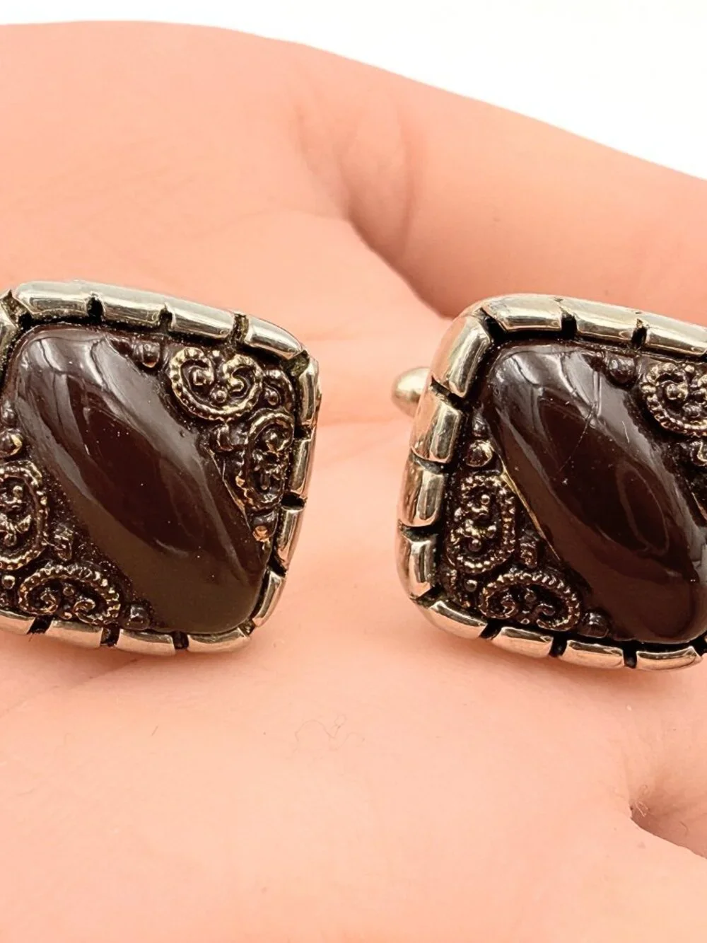 Amazing Vintage Renaissance Brown Glass Ornate Gold Plated Cufflinks